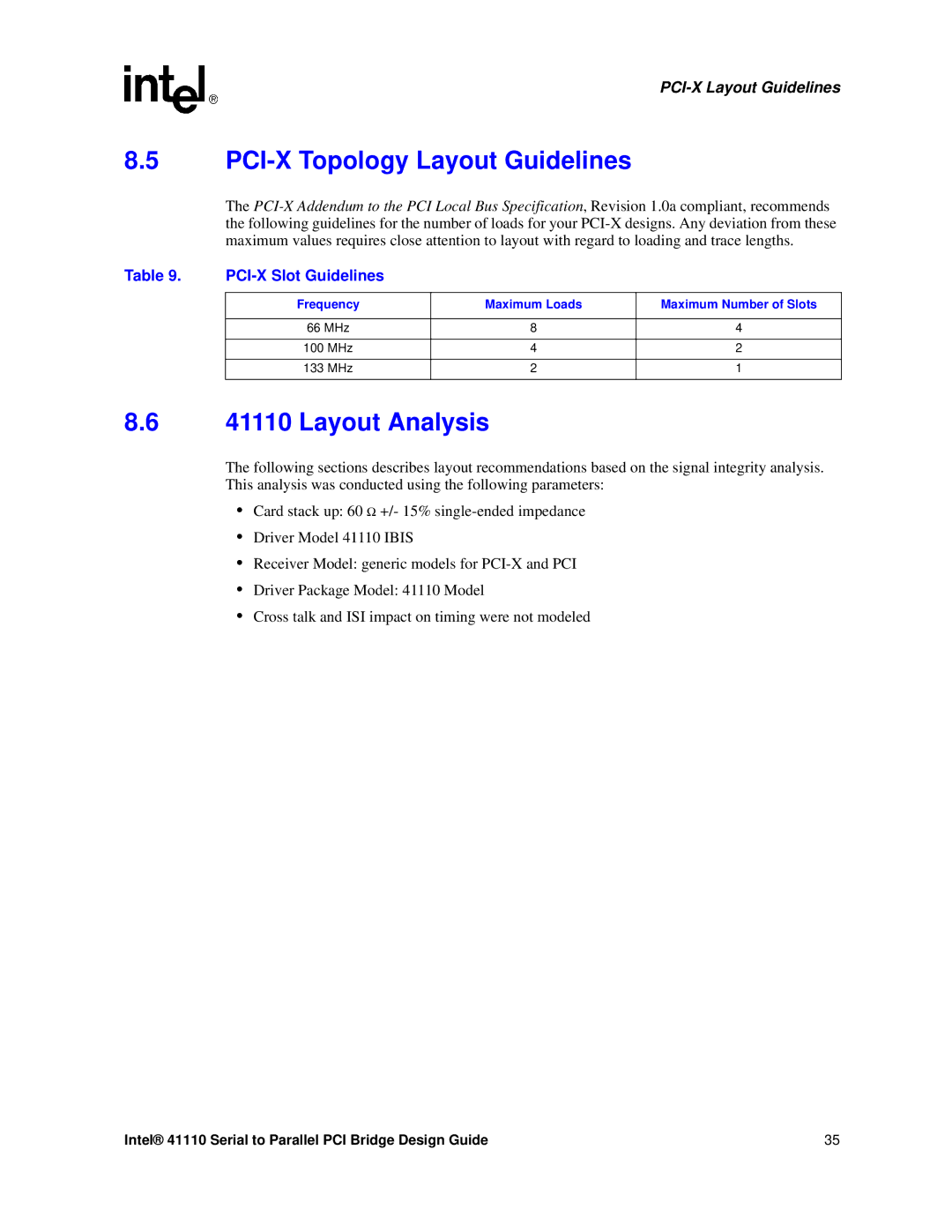 Intel 41110 manual PCI-X Topology Layout Guidelines, Layout Analysis, PCI-X Slot Guidelines 