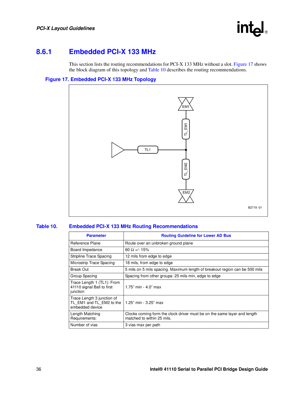 Intel 41110 manual Embedded PCI-X 133 MHz Routing Recommendations, Parameter Routing Guideline for Lower AD Bus 