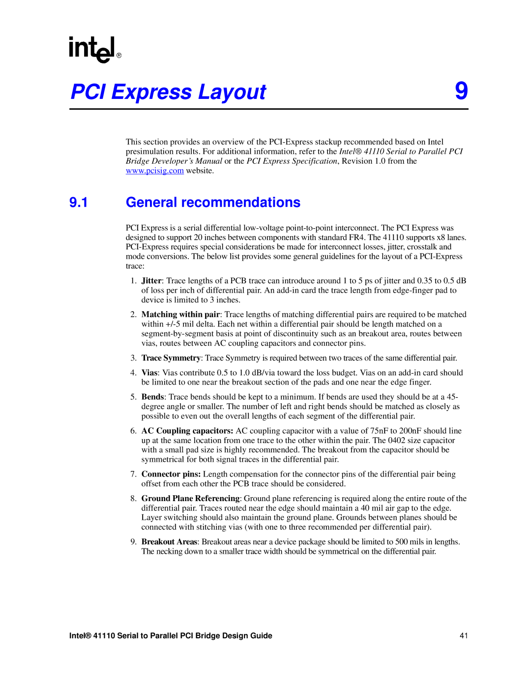 Intel 41110 manual PCI Express Layout, General recommendations 