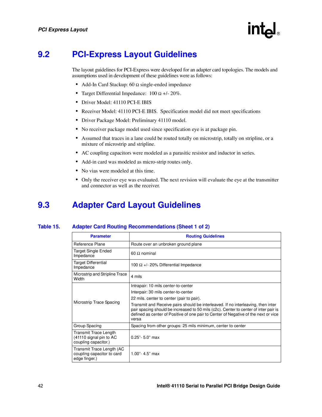 Intel 41110 manual PCI-Express Layout Guidelines, Adapter Card Layout Guidelines, PCI Express Layout 