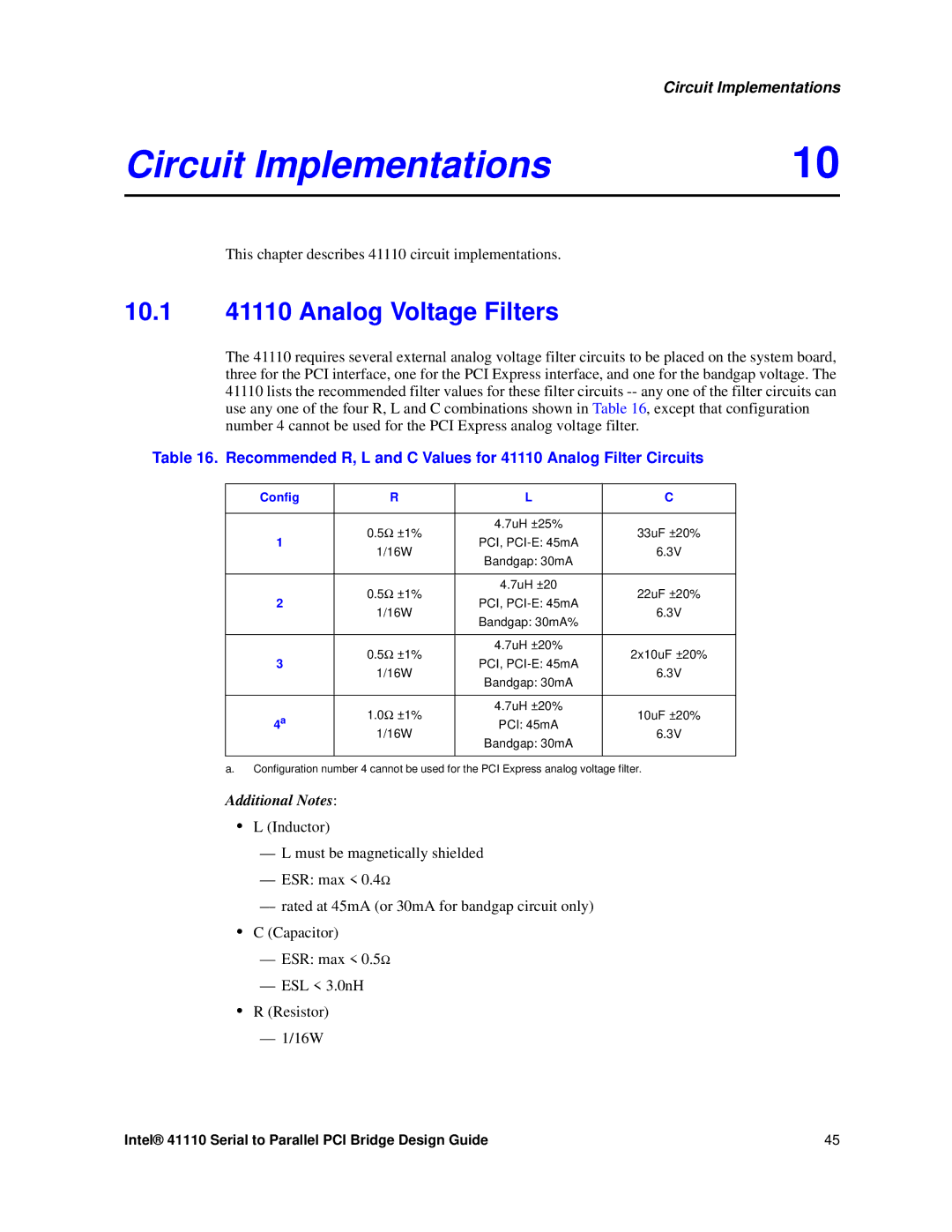 Intel manual Circuit Implementations, 10.1 41110 Analog Voltage Filters, Config 