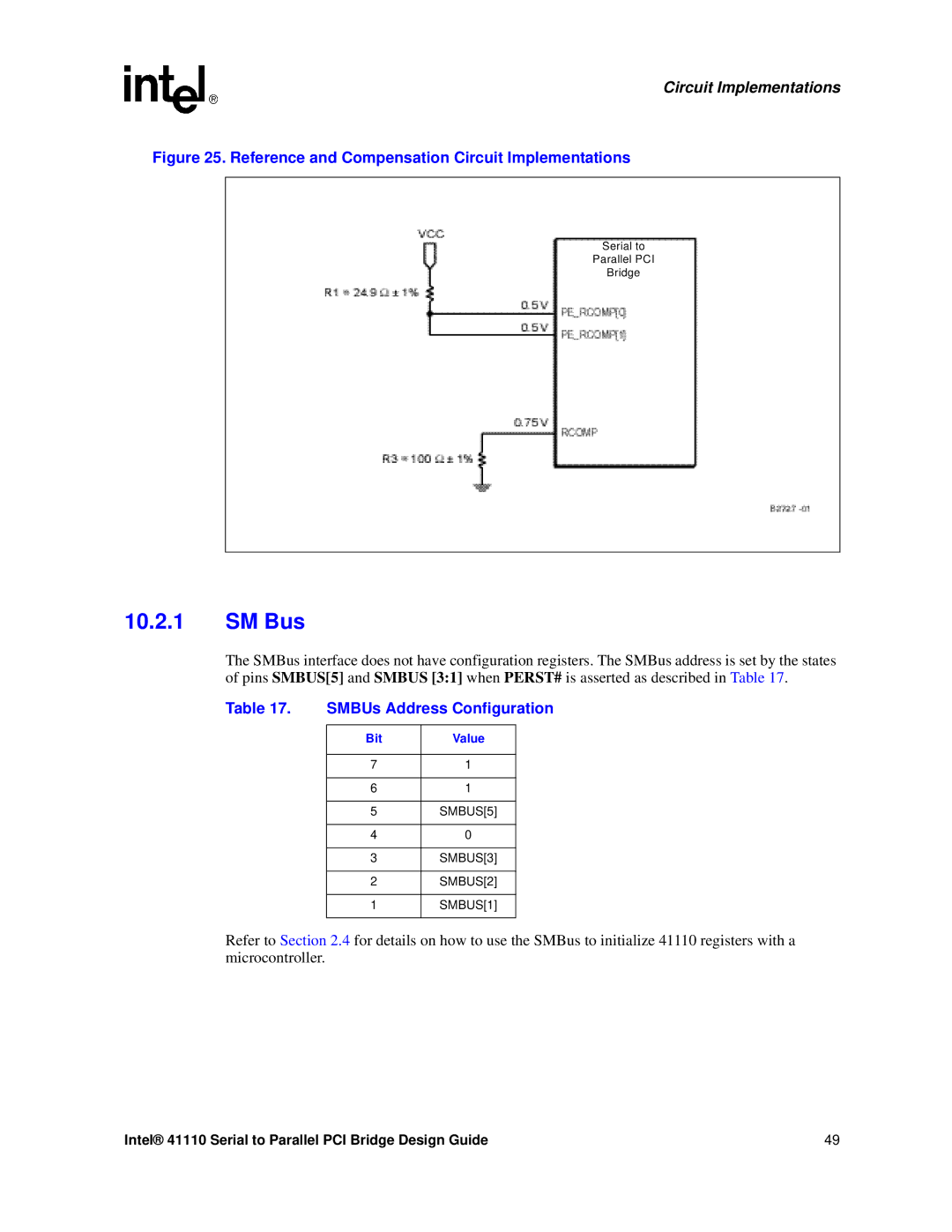 Intel 41110 manual SM Bus, SMBUs Address Configuration, Bit Value 