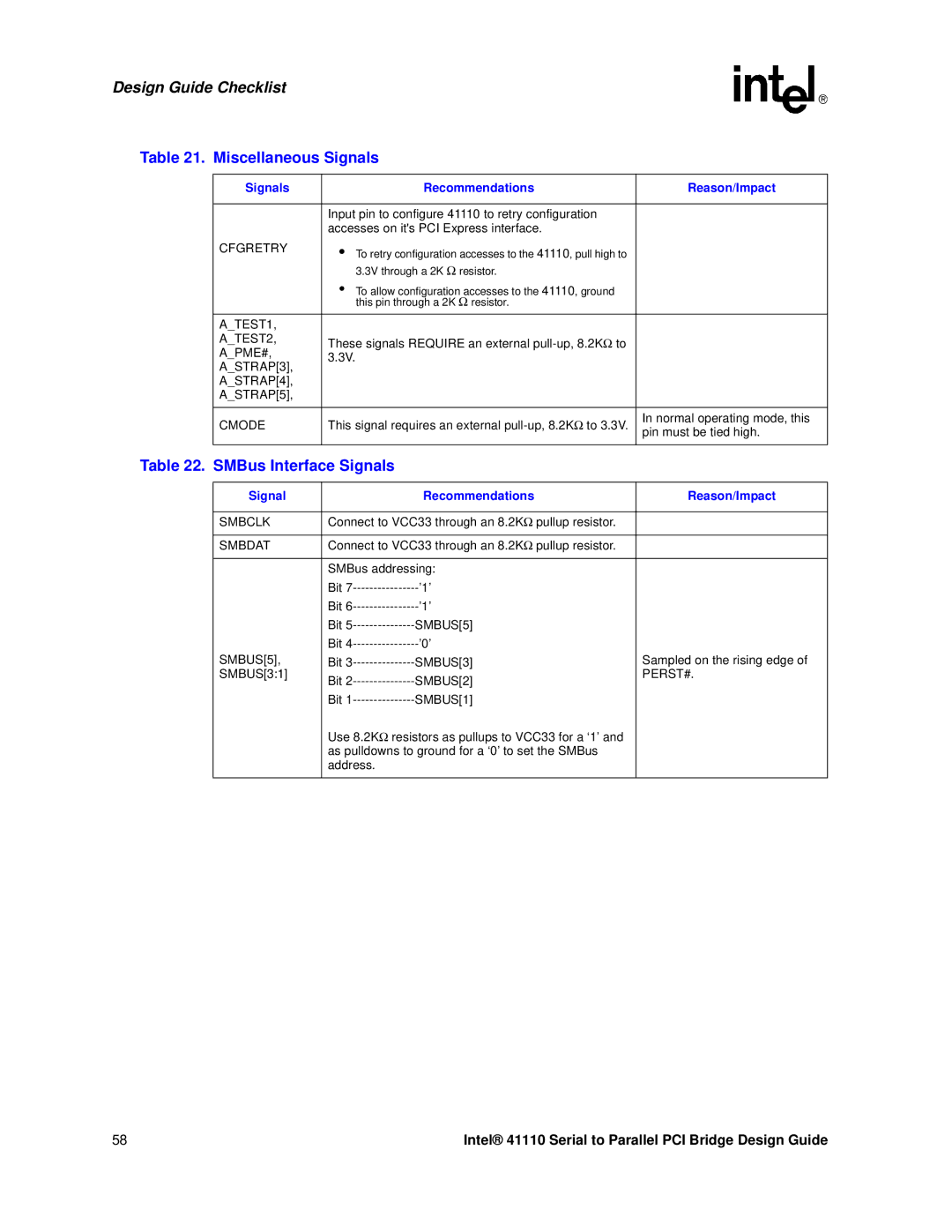 Intel 41110 manual SMBus Interface Signals, Recommendations Reason/Impact 