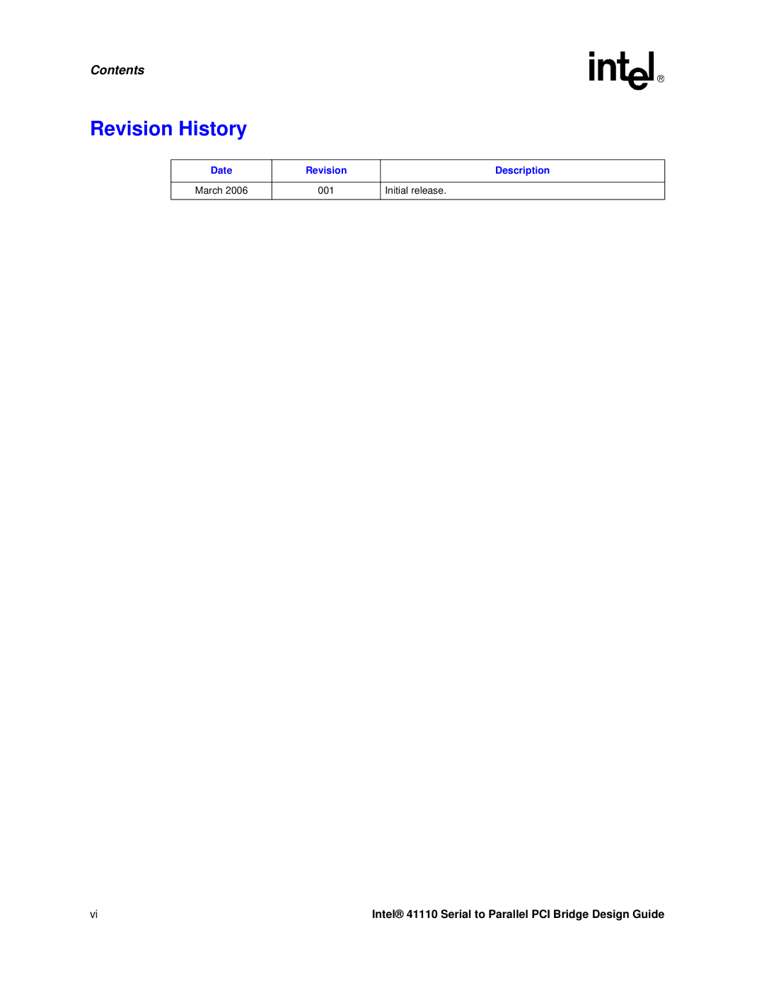 Intel 41110 manual Revision History, Date Revision Description March 001 Initial release 