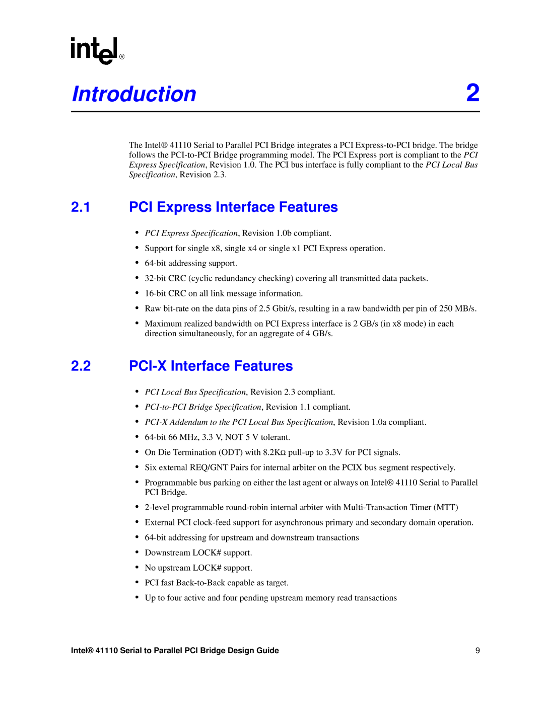 Intel 41110 manual Introduction2, PCI Express Interface Features, PCI-X Interface Features 