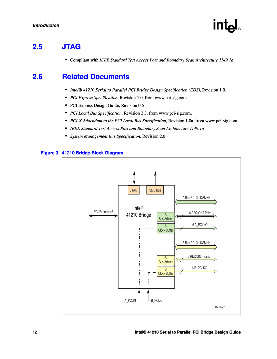 Intel manual Jtag, Related Documents, 41210 Bridge Block Diagram, Intelﬁ 41210 Bridge A, Introduction 