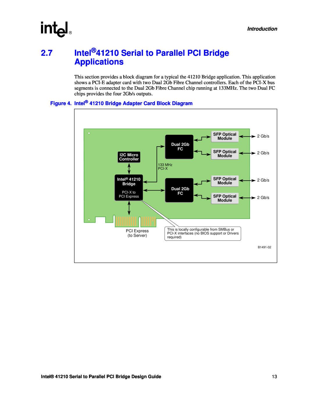 Intel manual Intel41210 Serial to Parallel PCI Bridge Applications, Intel 41210 Bridge Adapter Card Block Diagram 
