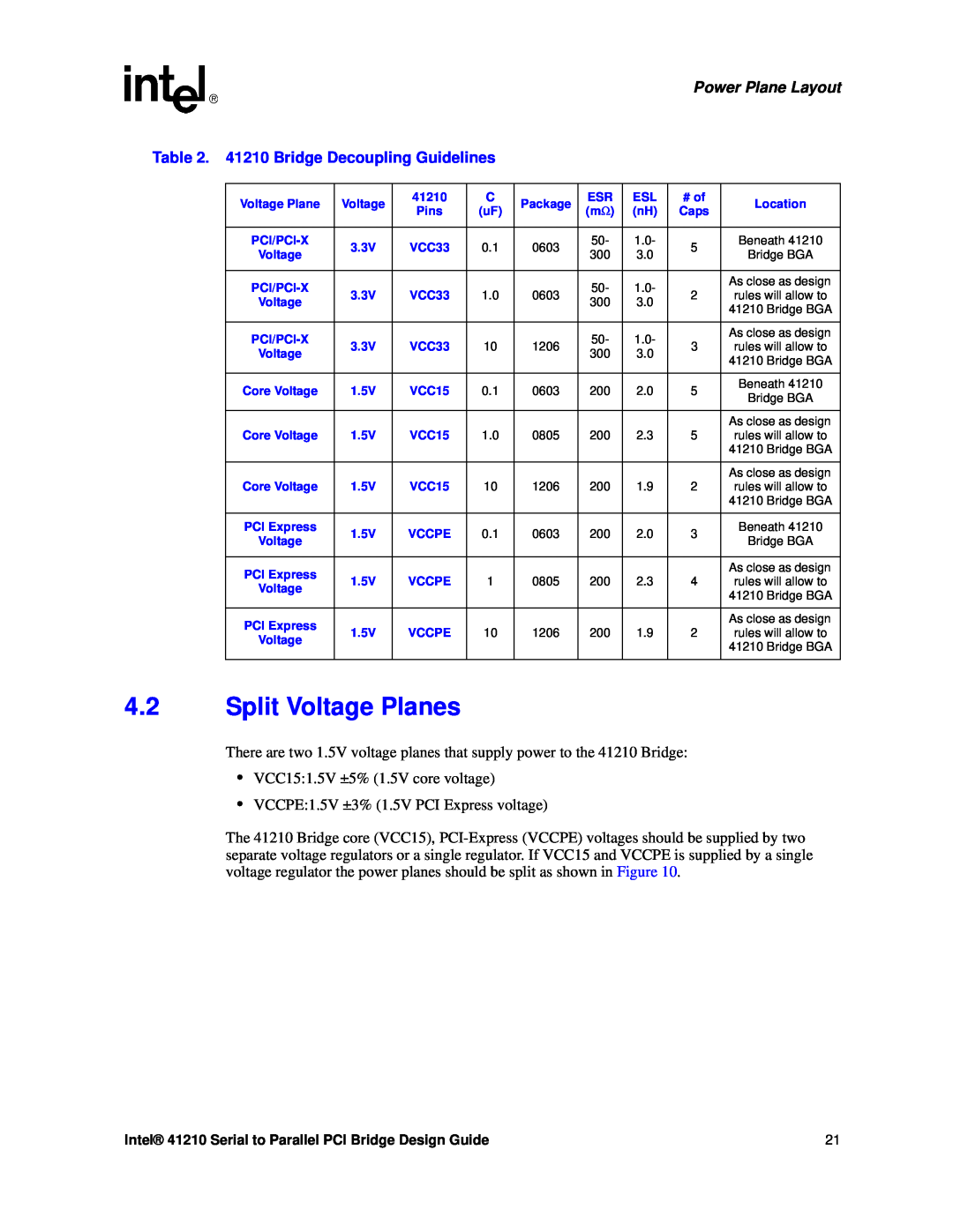 Intel manual Split Voltage Planes, 41210 Bridge Decoupling Guidelines, Power Plane Layout 