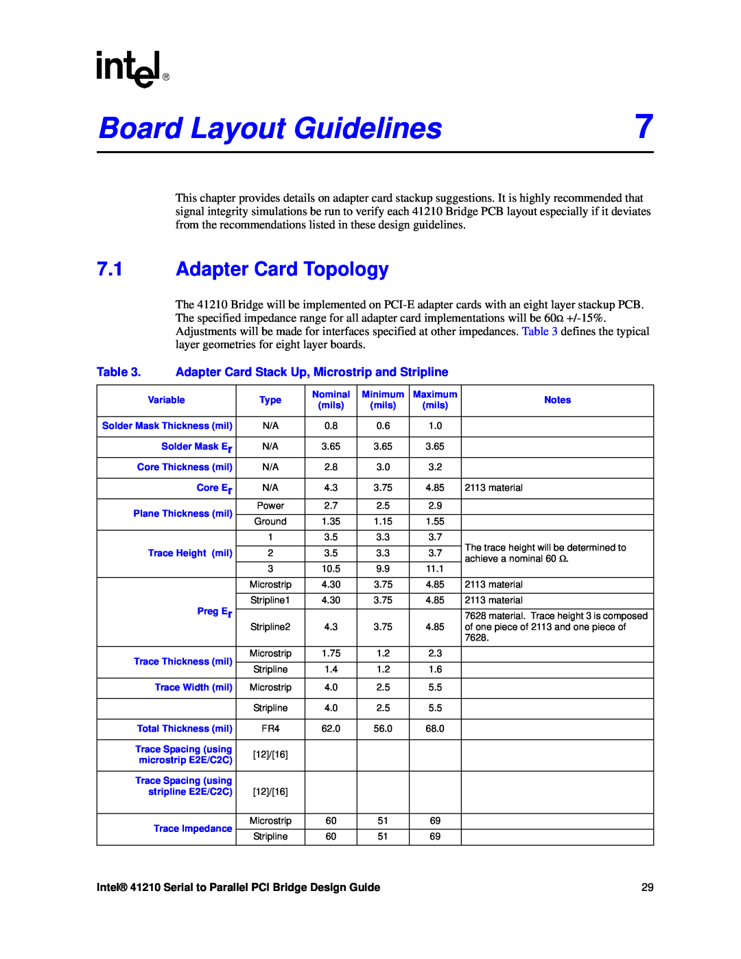Intel 41210 manual Board Layout Guidelines, Adapter Card Topology, Adapter Card Stack Up, Microstrip and Stripline 