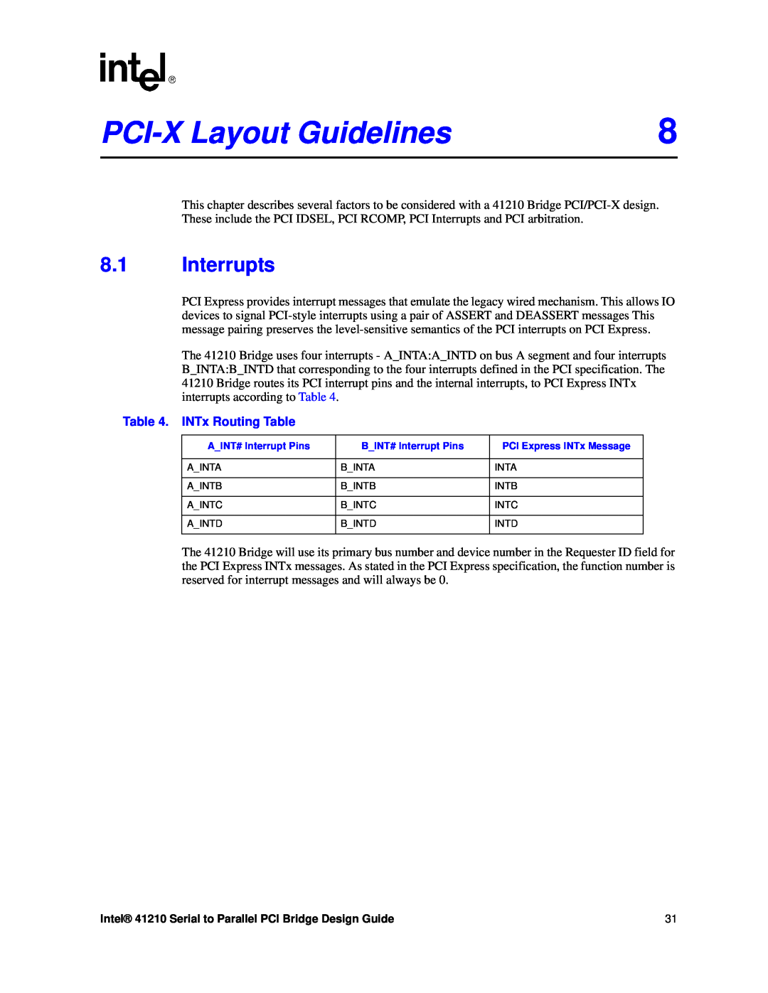 Intel 41210 manual PCI-X Layout Guidelines, Interrupts, INTx Routing Table 