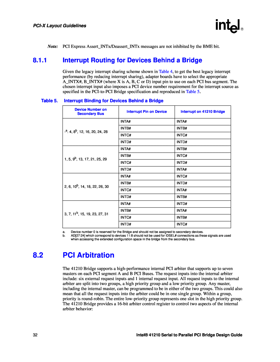 Intel 41210 manual PCI Arbitration, Interrupt Routing for Devices Behind a Bridge, PCI-X Layout Guidelines 