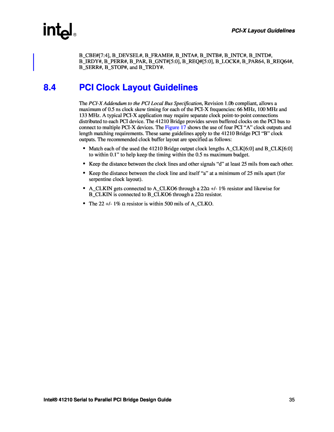 Intel 41210 manual PCI Clock Layout Guidelines, PCI-X Layout Guidelines 