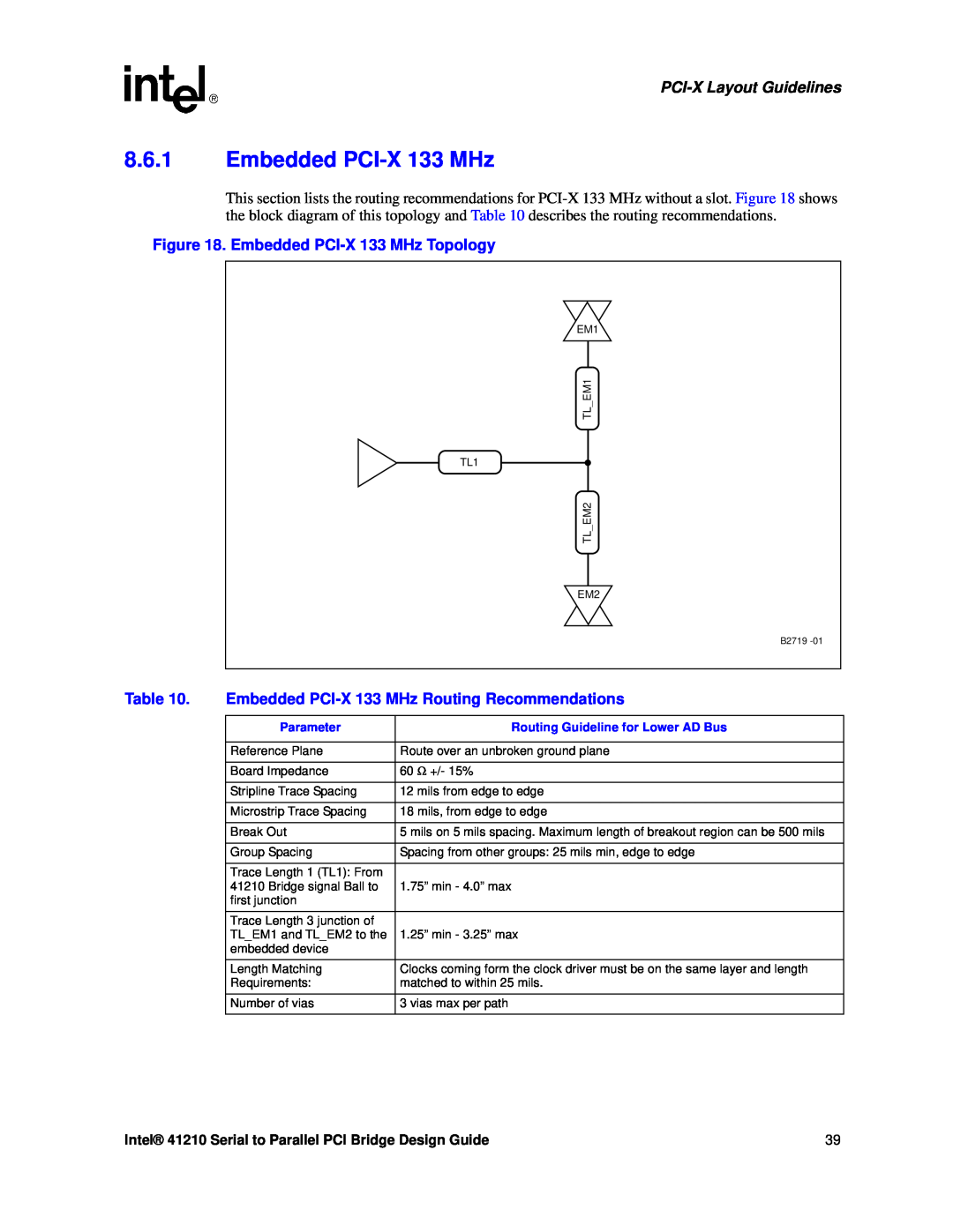 Intel 41210 Embedded PCI-X 133 MHz Topology, Embedded PCI-X 133 MHz Routing Recommendations, PCI-X Layout Guidelines 