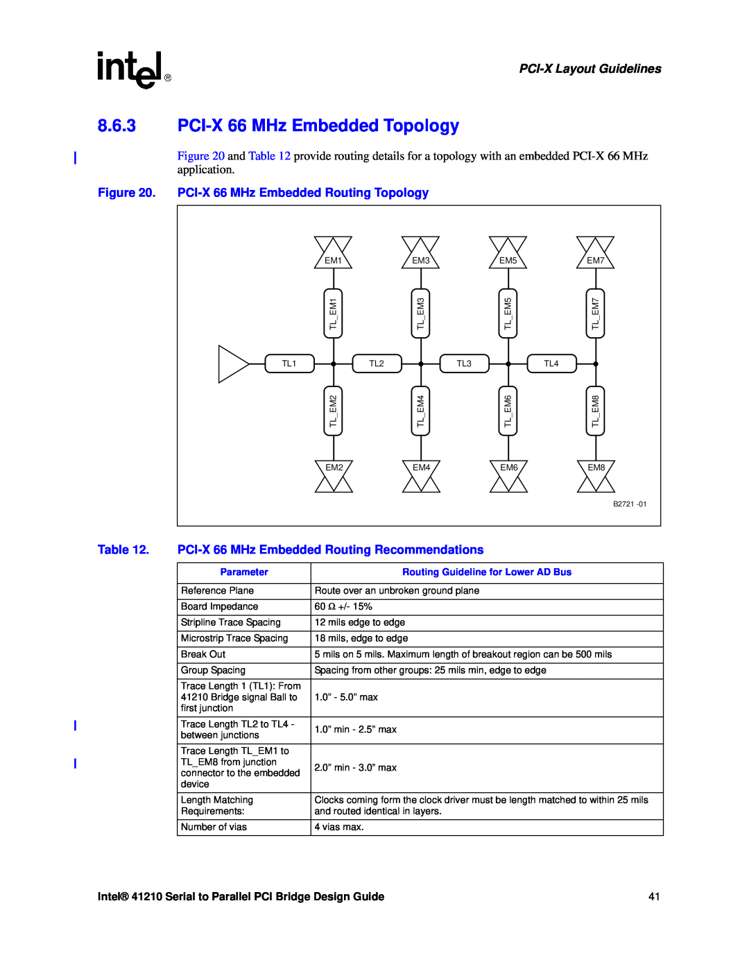 Intel 41210 manual PCI-X 66 MHz Embedded Topology, PCI-X 66 MHz Embedded Routing Topology, PCI-X Layout Guidelines 