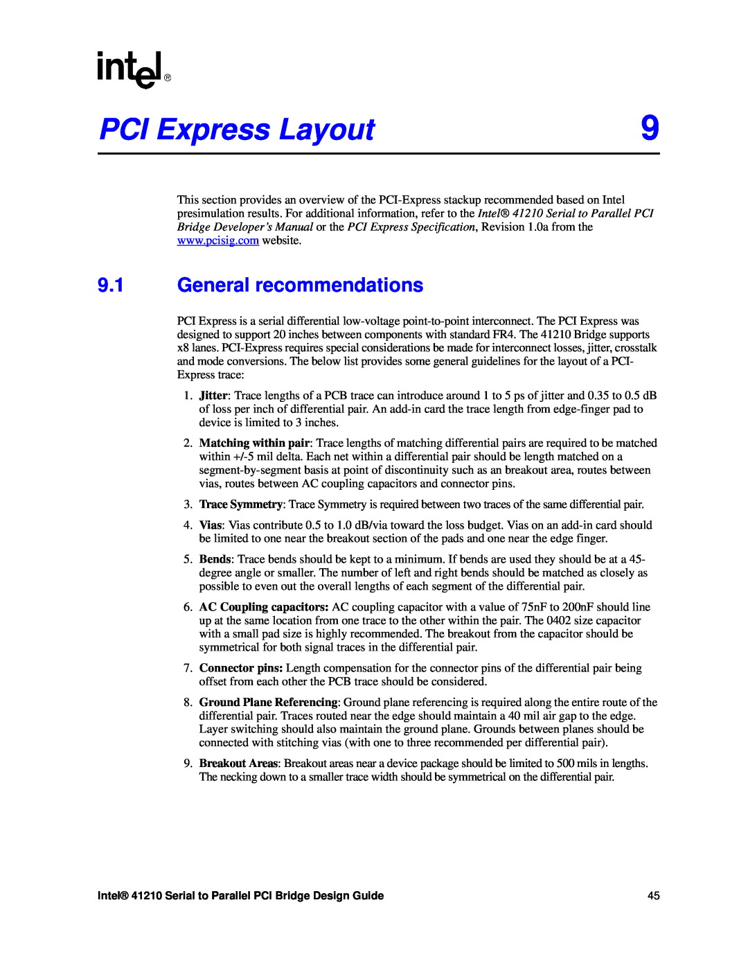 Intel 41210 manual PCI Express Layout, General recommendations 