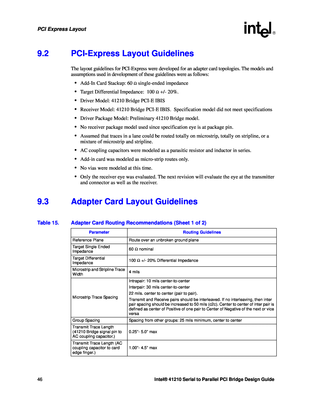 Intel 41210 manual PCI-Express Layout Guidelines, Adapter Card Layout Guidelines, PCI Express Layout 