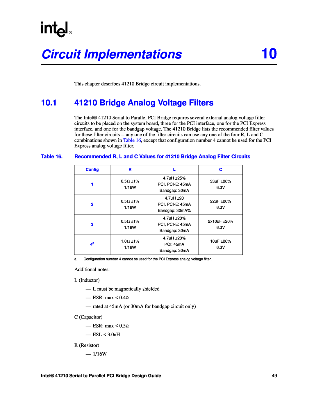 Intel manual Circuit Implementations, 10.1 41210 Bridge Analog Voltage Filters 