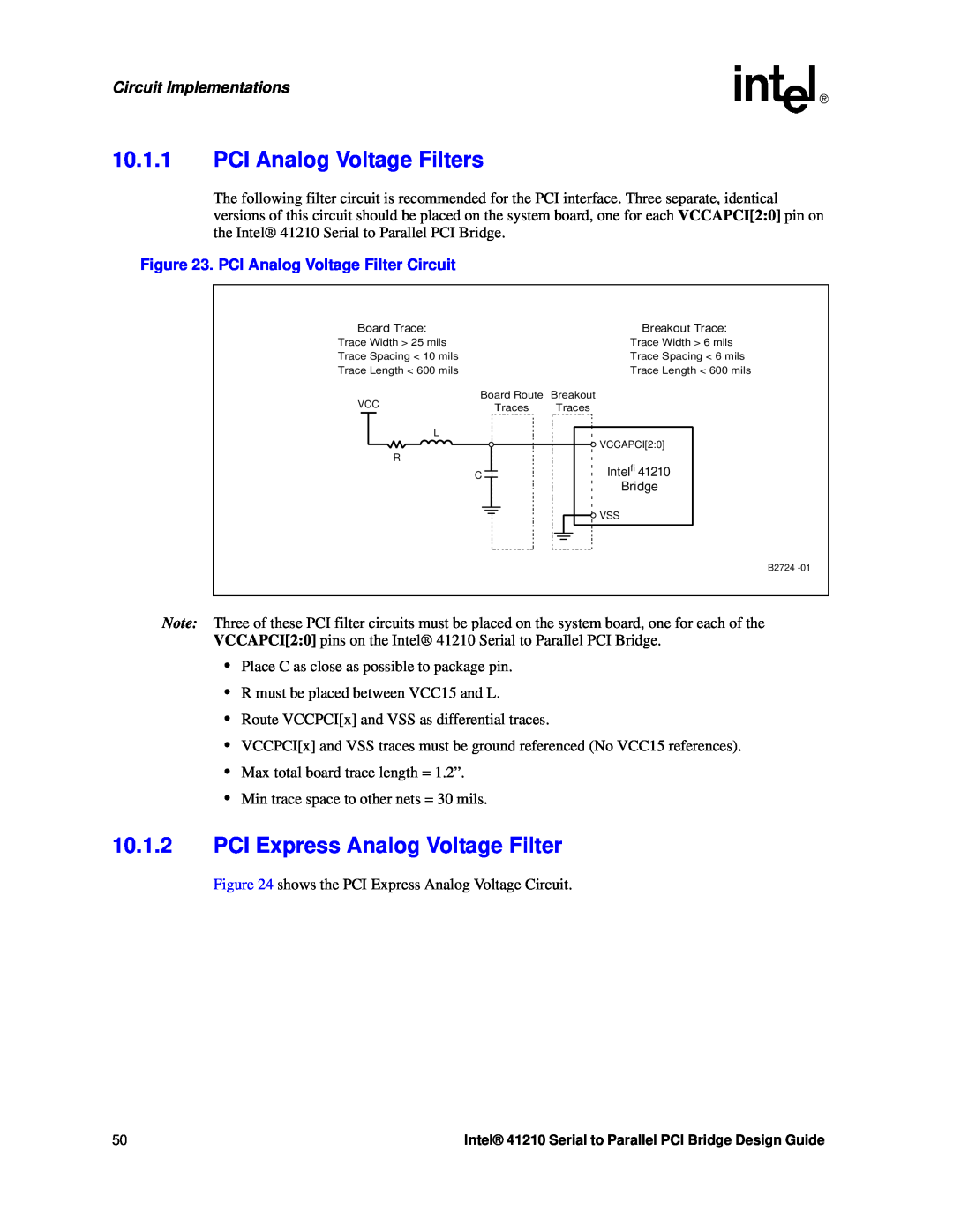 Intel 41210 manual PCI Analog Voltage Filters, PCI Express Analog Voltage Filter, Circuit Implementations 