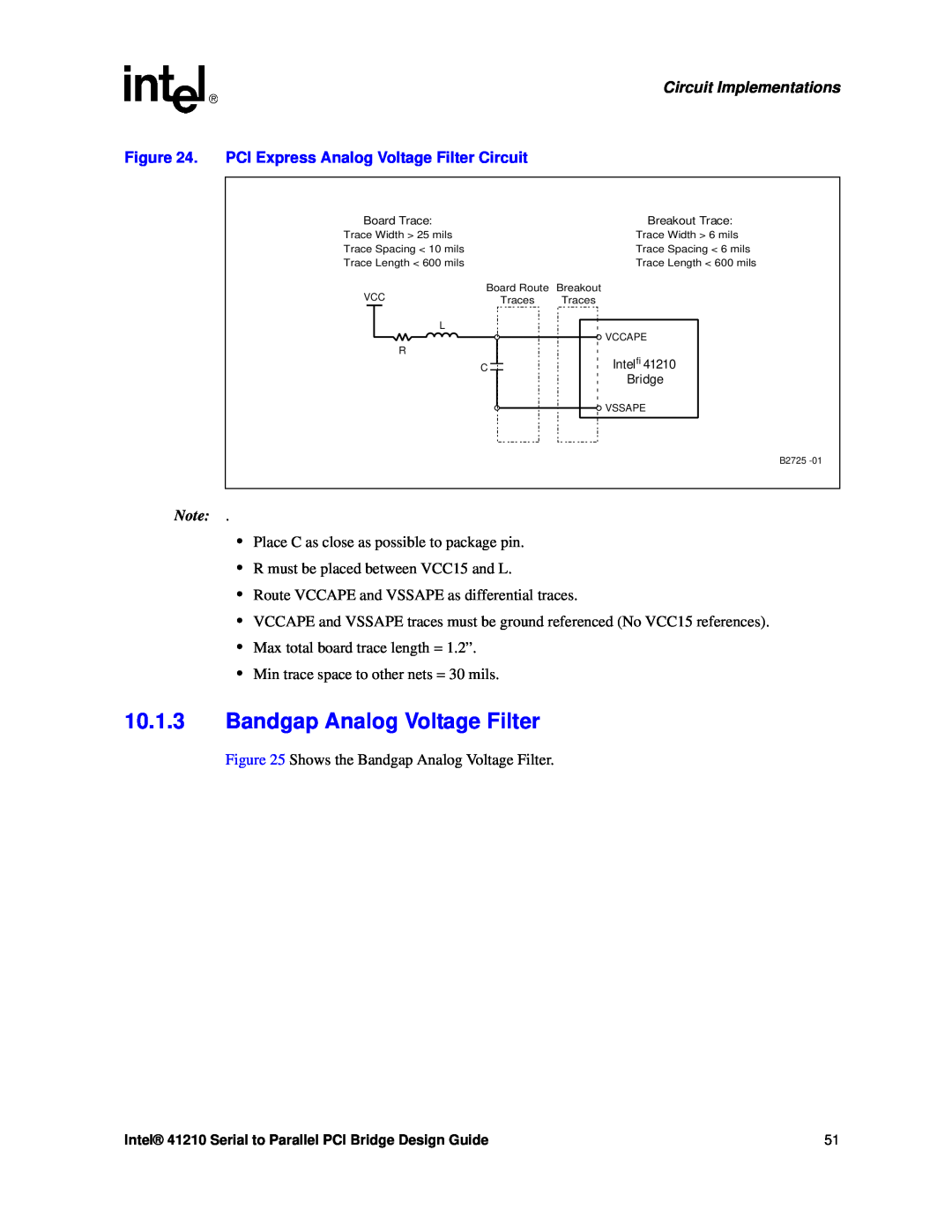 Intel 41210 manual Bandgap Analog Voltage Filter, PCI Express Analog Voltage Filter Circuit, Circuit Implementations 
