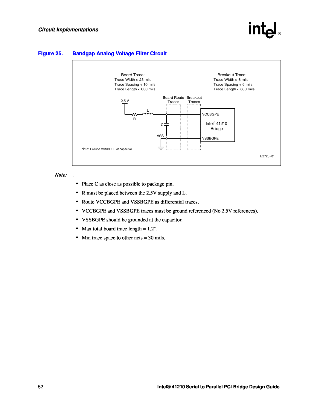 Intel 41210 manual Bandgap Analog Voltage Filter Circuit, Circuit Implementations, B2726 