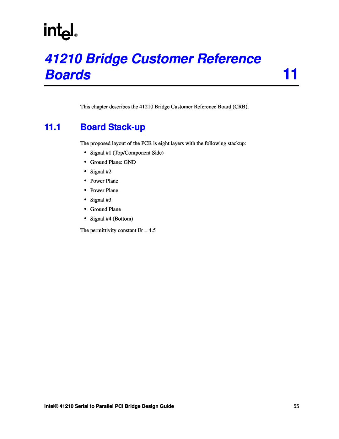 Intel manual Bridge Customer Reference, Boards, Board Stack-up, Intel 41210 Serial to Parallel PCI Bridge Design Guide 