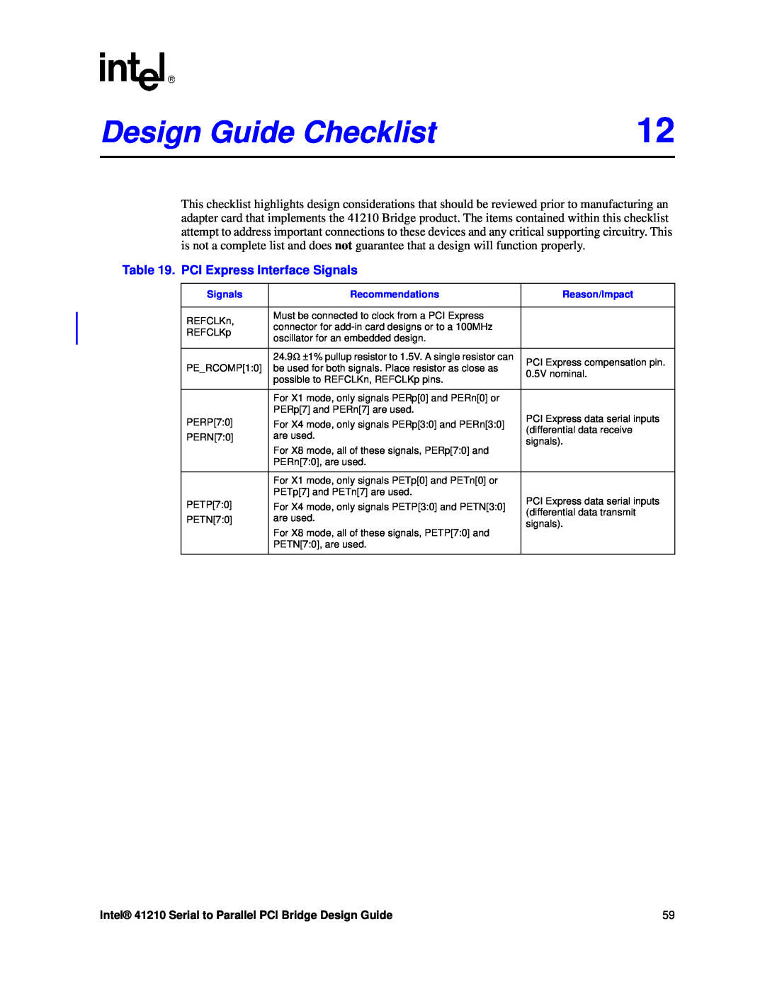 Intel Design Guide Checklist, PCI Express Interface Signals, Intel 41210 Serial to Parallel PCI Bridge Design Guide 
