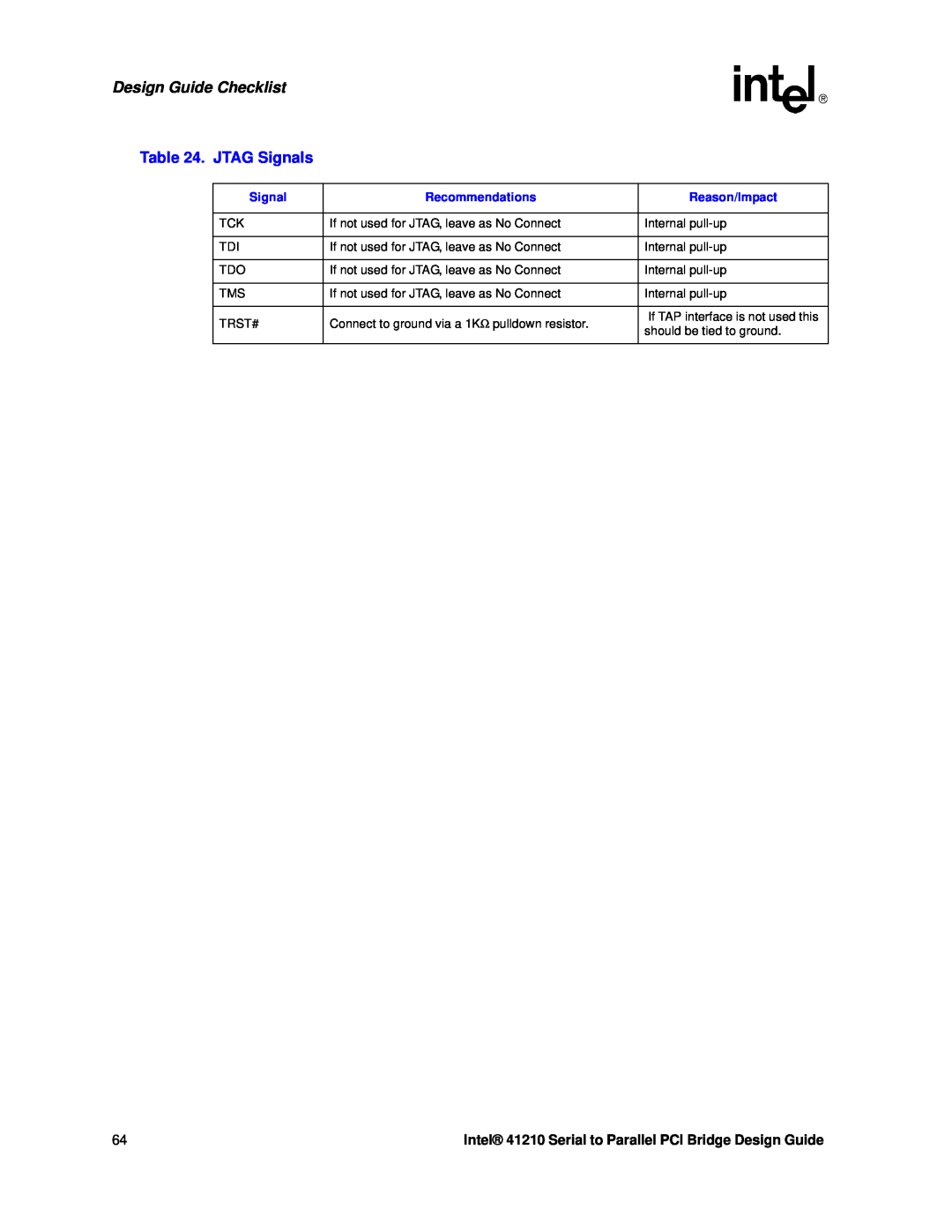 Intel manual JTAG Signals, Design Guide Checklist, Intel 41210 Serial to Parallel PCI Bridge Design Guide 