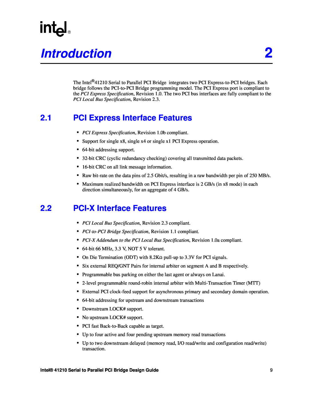 Intel 41210 manual Introduction2, PCI Express Interface Features, PCI-X Interface Features 