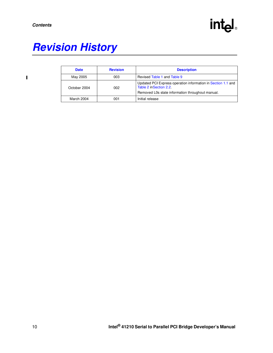 Intel 41210 manual Revision History, Date Revision Description 