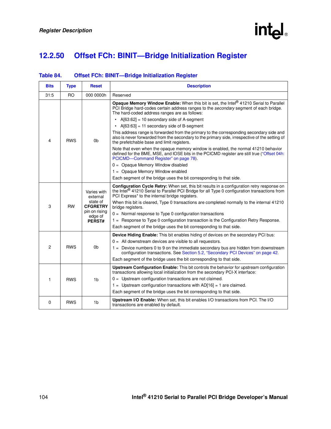 Intel 41210 manual Offset FCh BINIT-Bridge Initialization Register 