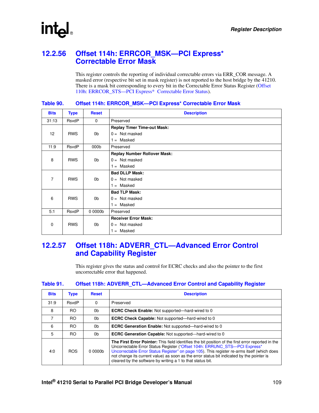 Intel 41210 manual Offset 114h ERRCORMSK-PCI Express* Correctable Error Mask 