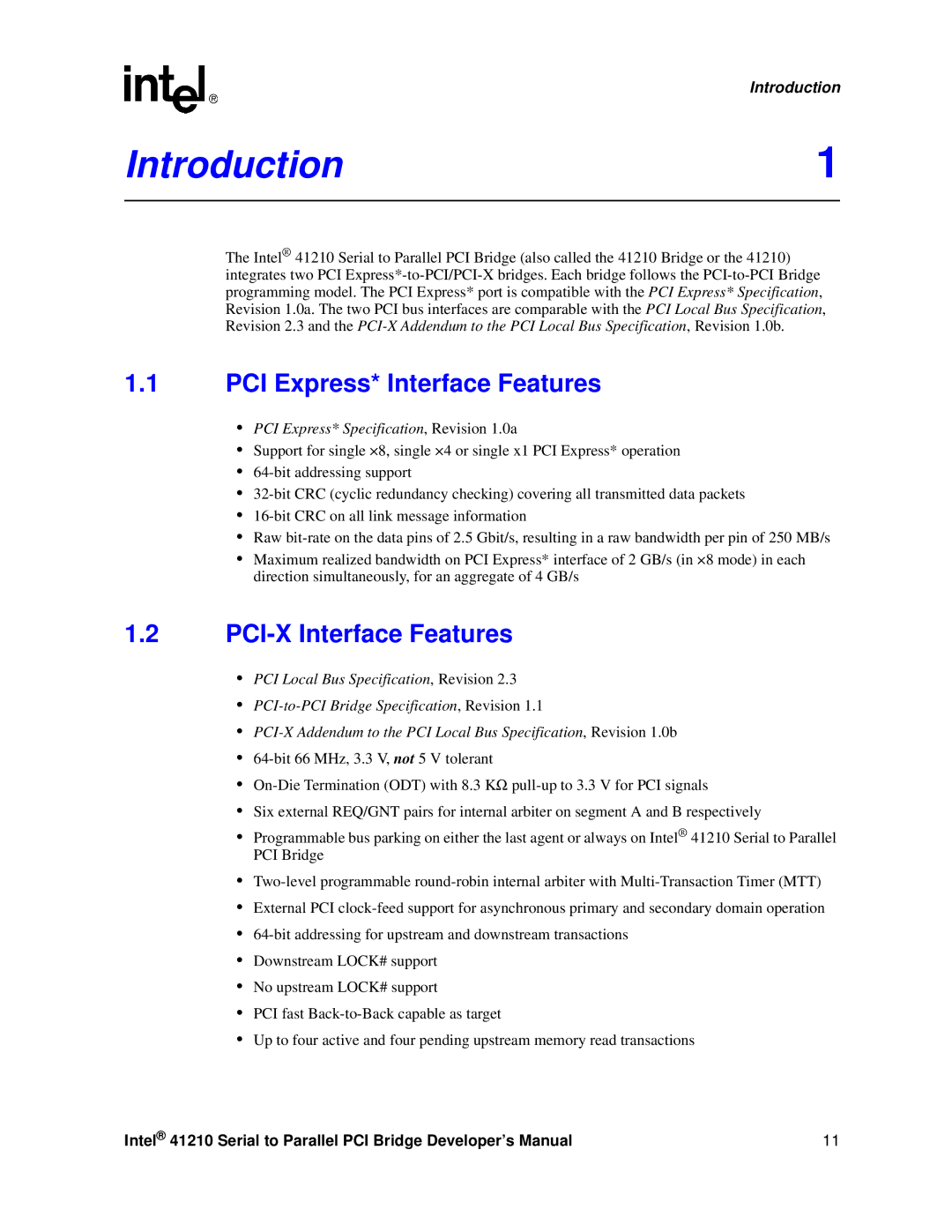 Intel 41210 manual Introduction1, PCI Express* Interface Features, PCI-X Interface Features 