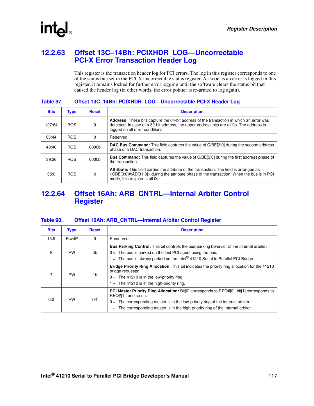 Intel 41210 manual Offset 16Ah ARBCNTRL-Internal Arbiter Control Register, Type Reset Description 