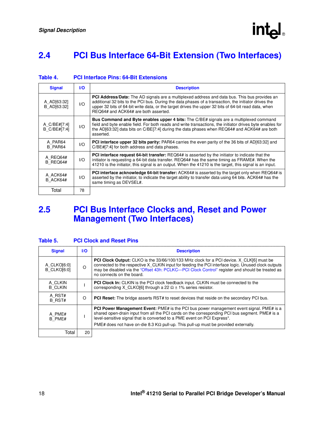 Intel 41210 manual PCI Bus Interface 64-Bit Extension Two Interfaces, PCI Interface Pins 64-Bit Extensions 