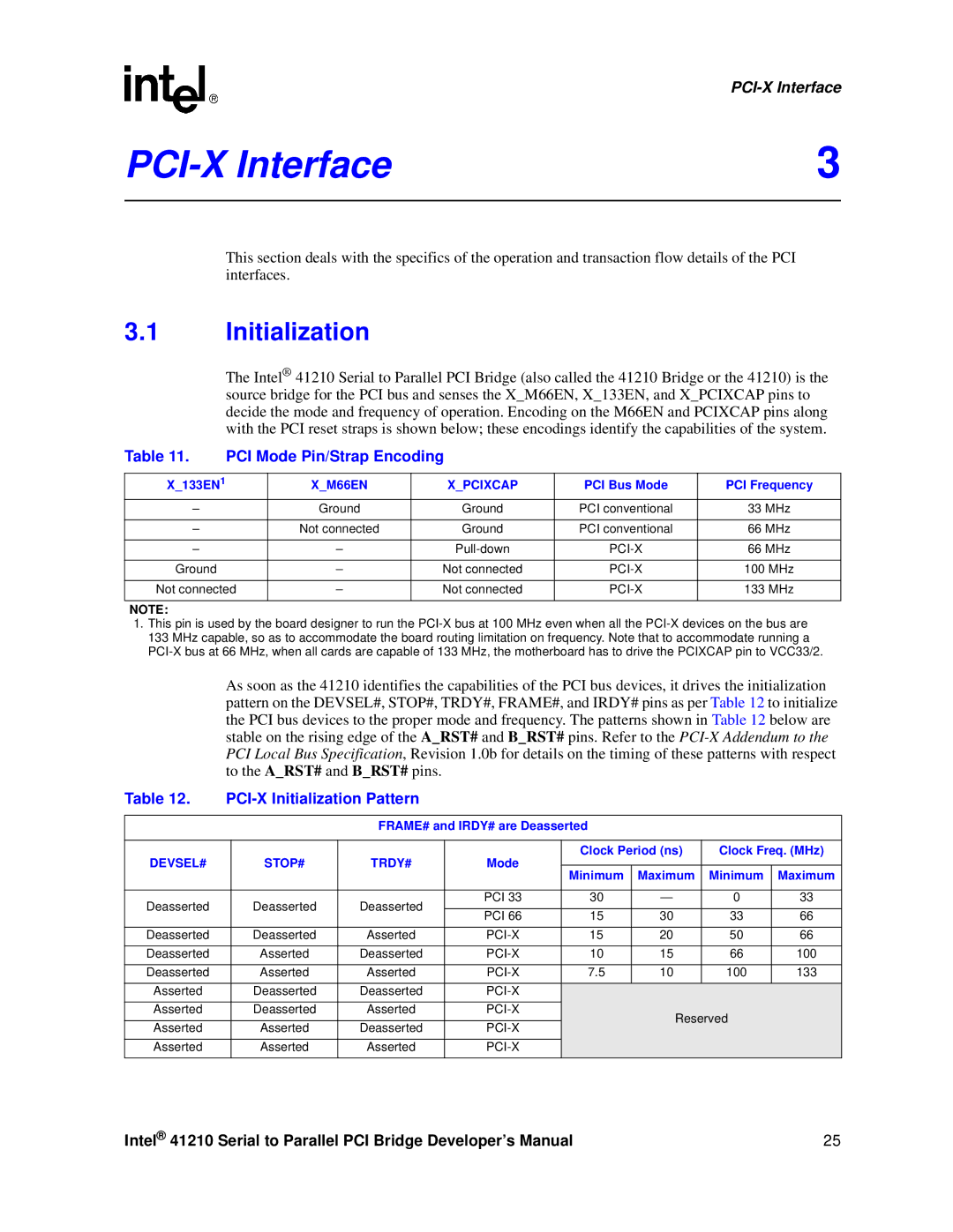 Intel 41210 manual PCI-X Interface, PCI Mode Pin/Strap Encoding, PCI-X Initialization Pattern 