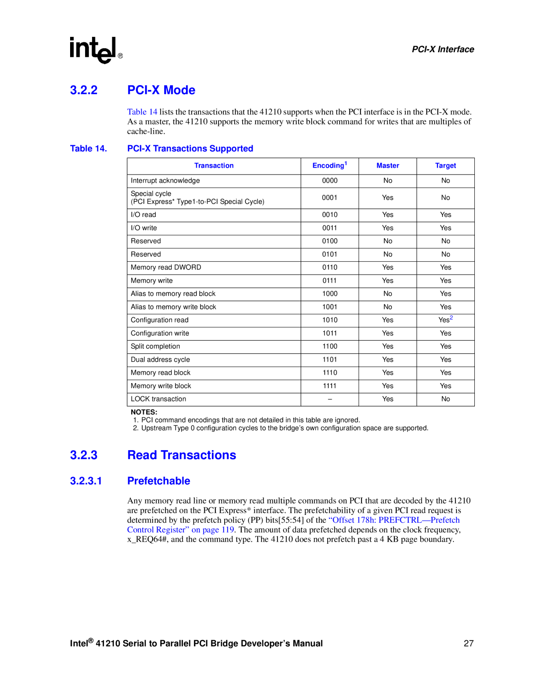 Intel 41210 manual PCI-X Mode, Read Transactions, PCI-X Transactions Supported 