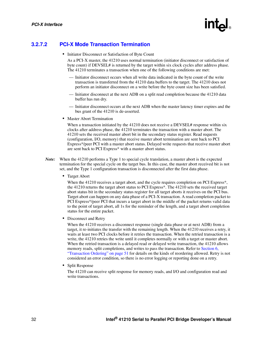 Intel 41210 manual PCI-X Mode Transaction Termination 