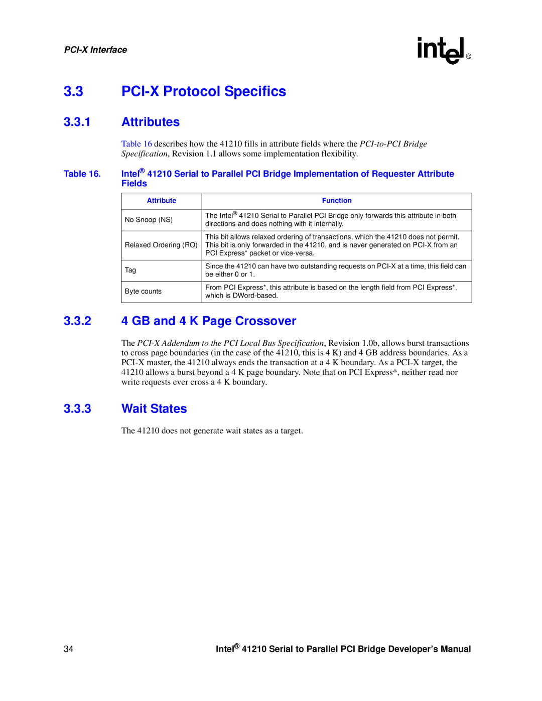 Intel 41210 manual PCI-X Protocol Specifics, Attributes, 2 4 GB and 4 K Page Crossover, Wait States, Attribute Function 