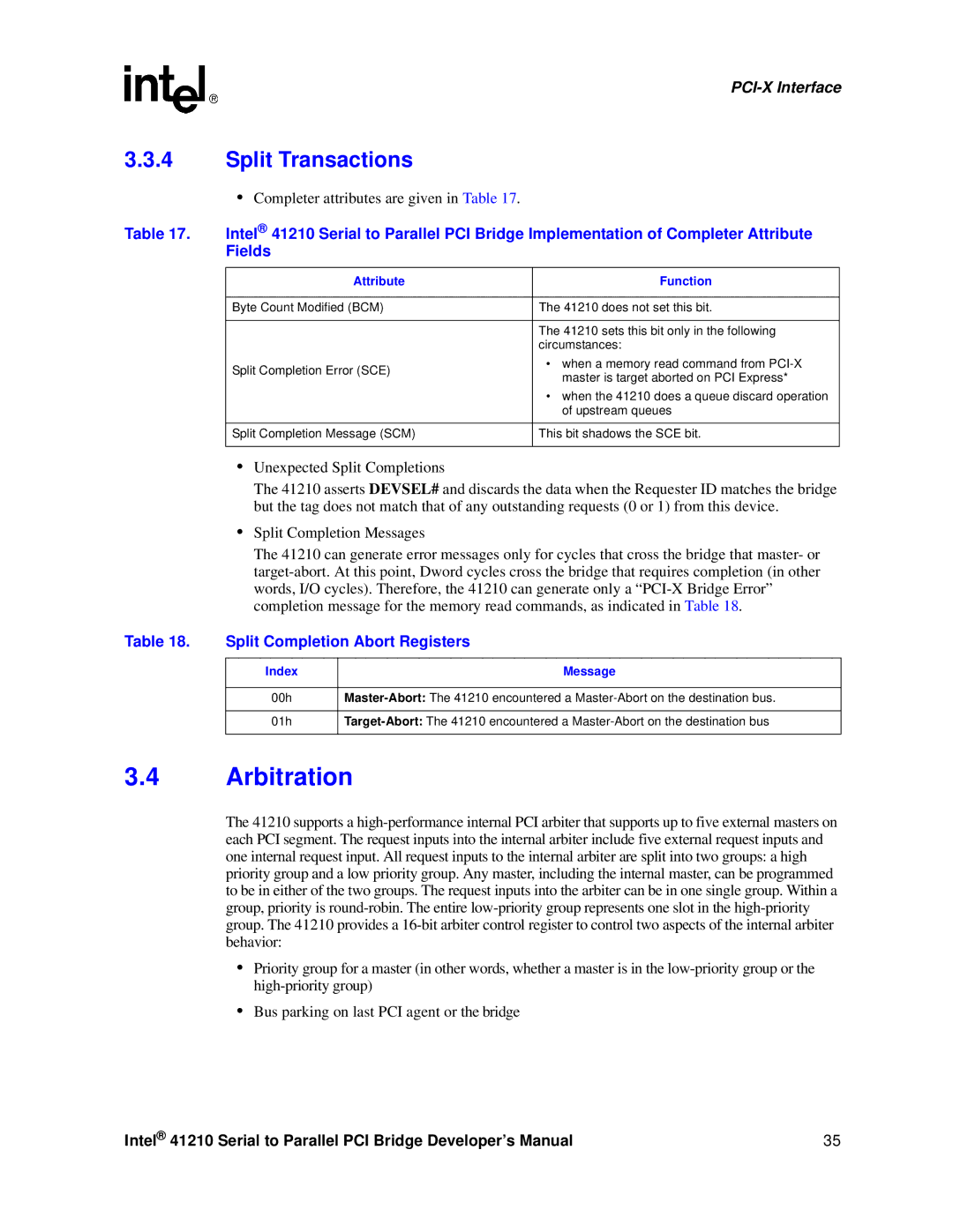 Intel 41210 manual Arbitration, Split Transactions, Fields, Split Completion Abort Registers, Message 