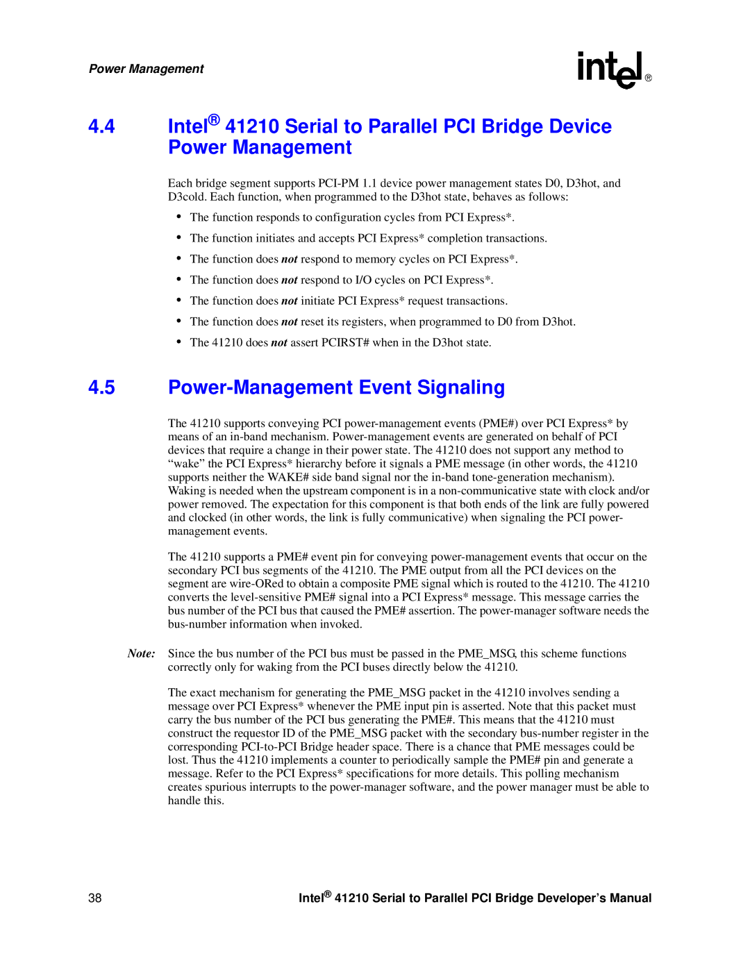 Intel 41210 manual Power-Management Event Signaling 