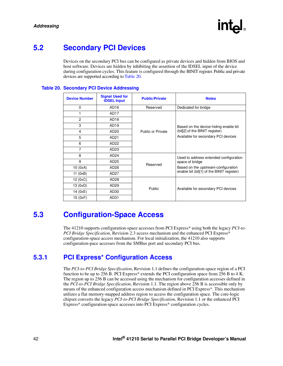 Intel 41210 manual Secondary PCI Devices, Configuration-Space Access, PCI Express* Configuration Access 