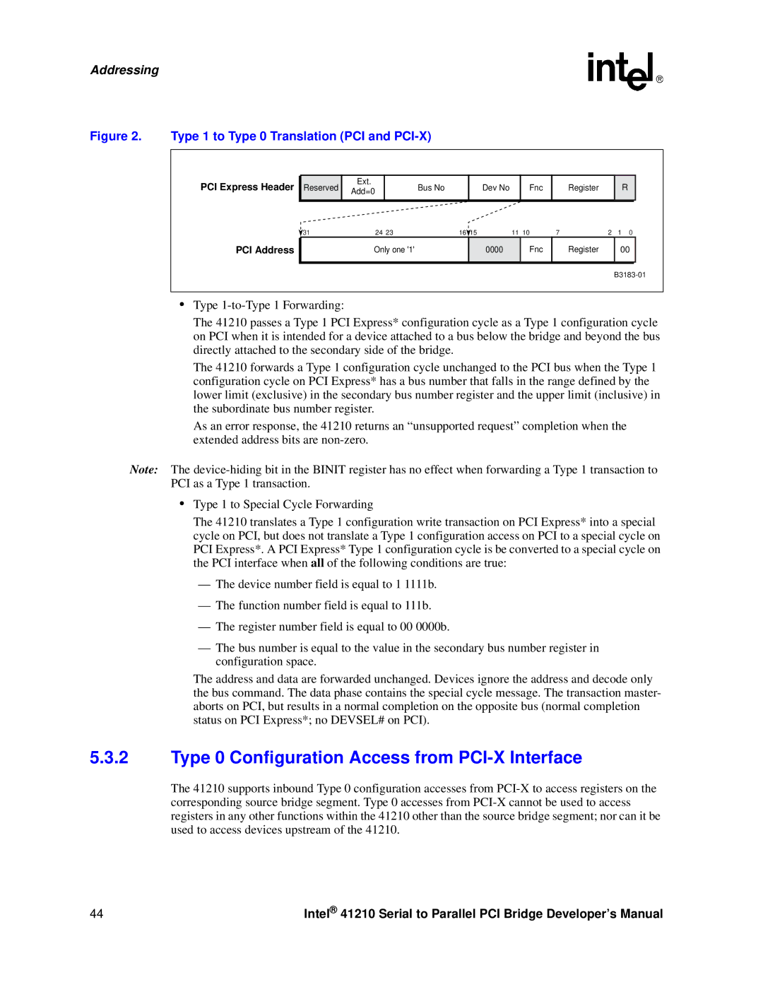 Intel 41210 manual Type 0 Configuration Access from PCI-X Interface, Type 1 to Type 0 Translation PCI and PCI-X 