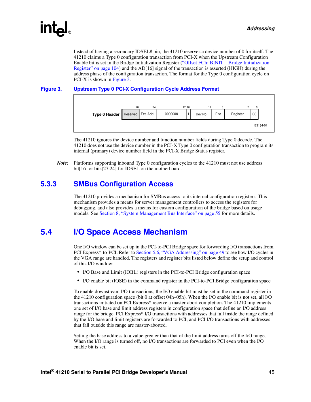 Intel 41210 manual I/O Space Access Mechanism, SMBus Configuration Access 