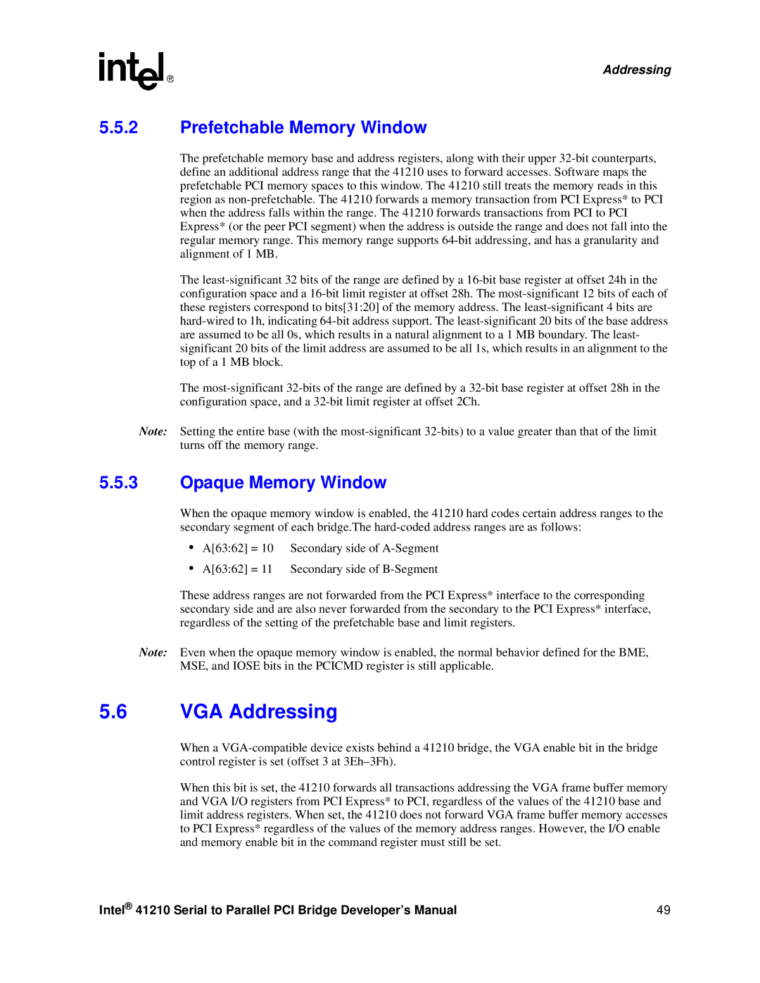 Intel 41210 manual VGA Addressing, Prefetchable Memory Window, Opaque Memory Window 