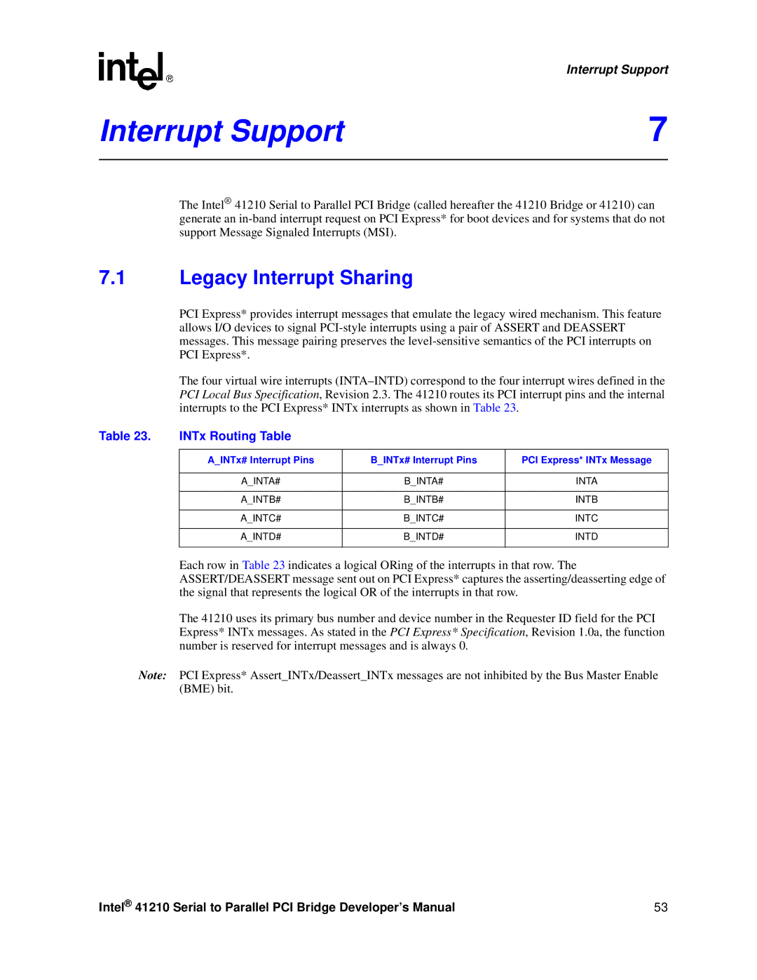 Intel 41210 manual Interrupt Support, Legacy Interrupt Sharing, INTx Routing Table 