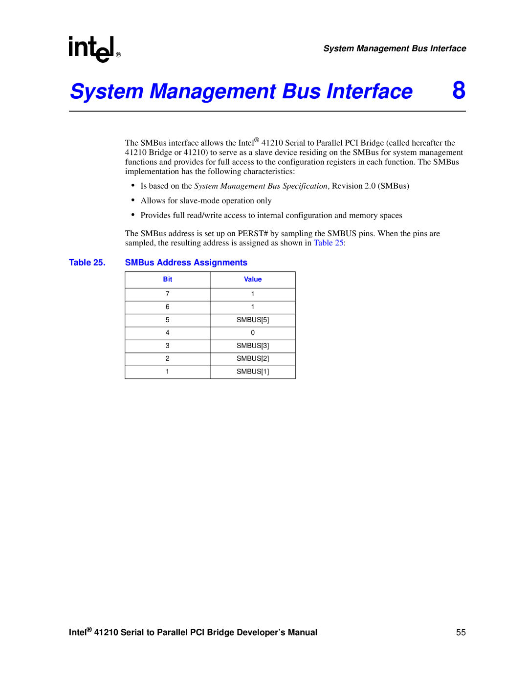 Intel 41210 manual System Management Bus Interface, SMBus Address Assignments, Bit Value 