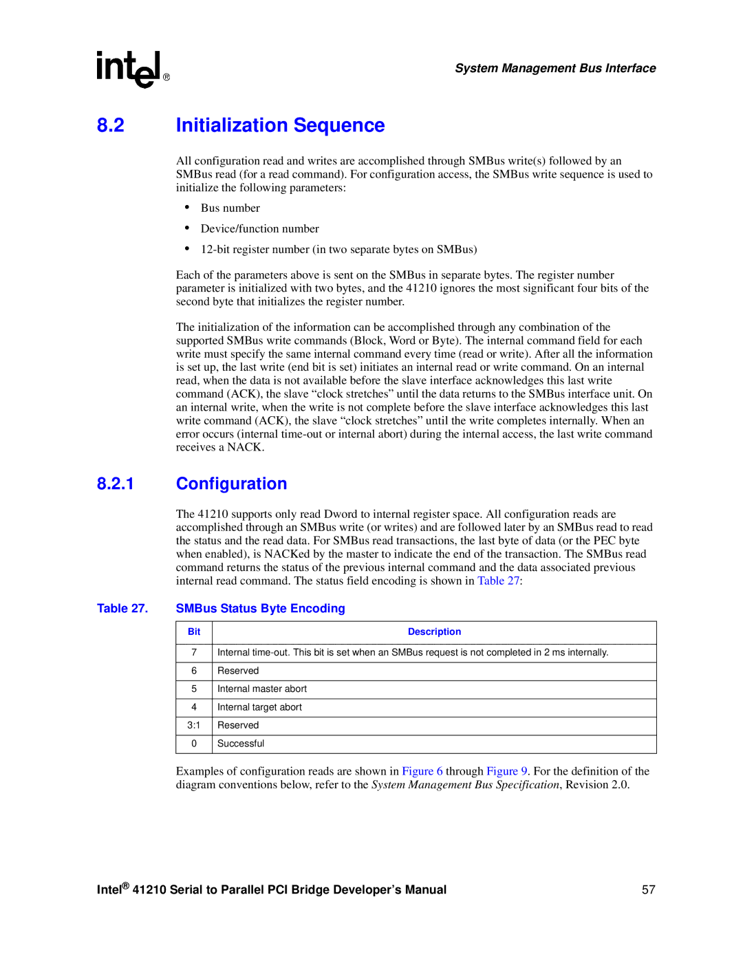 Intel 41210 manual Initialization Sequence, Configuration, SMBus Status Byte Encoding 