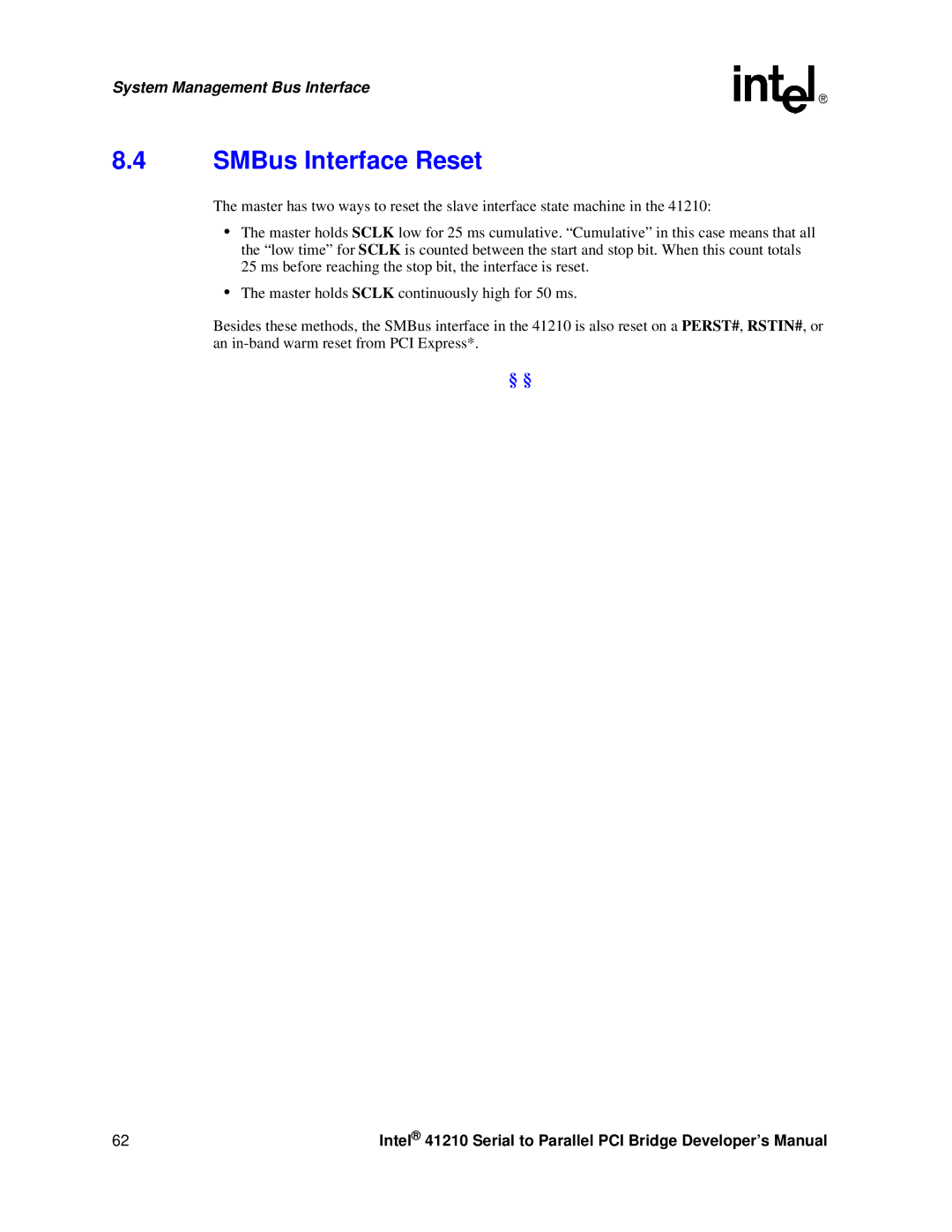 Intel 41210 manual SMBus Interface Reset 