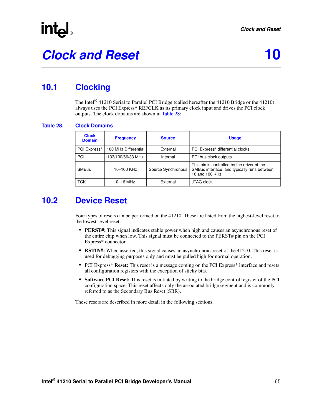 Intel 41210 manual Clock and Reset, Clocking, Device Reset, Clock Domains 