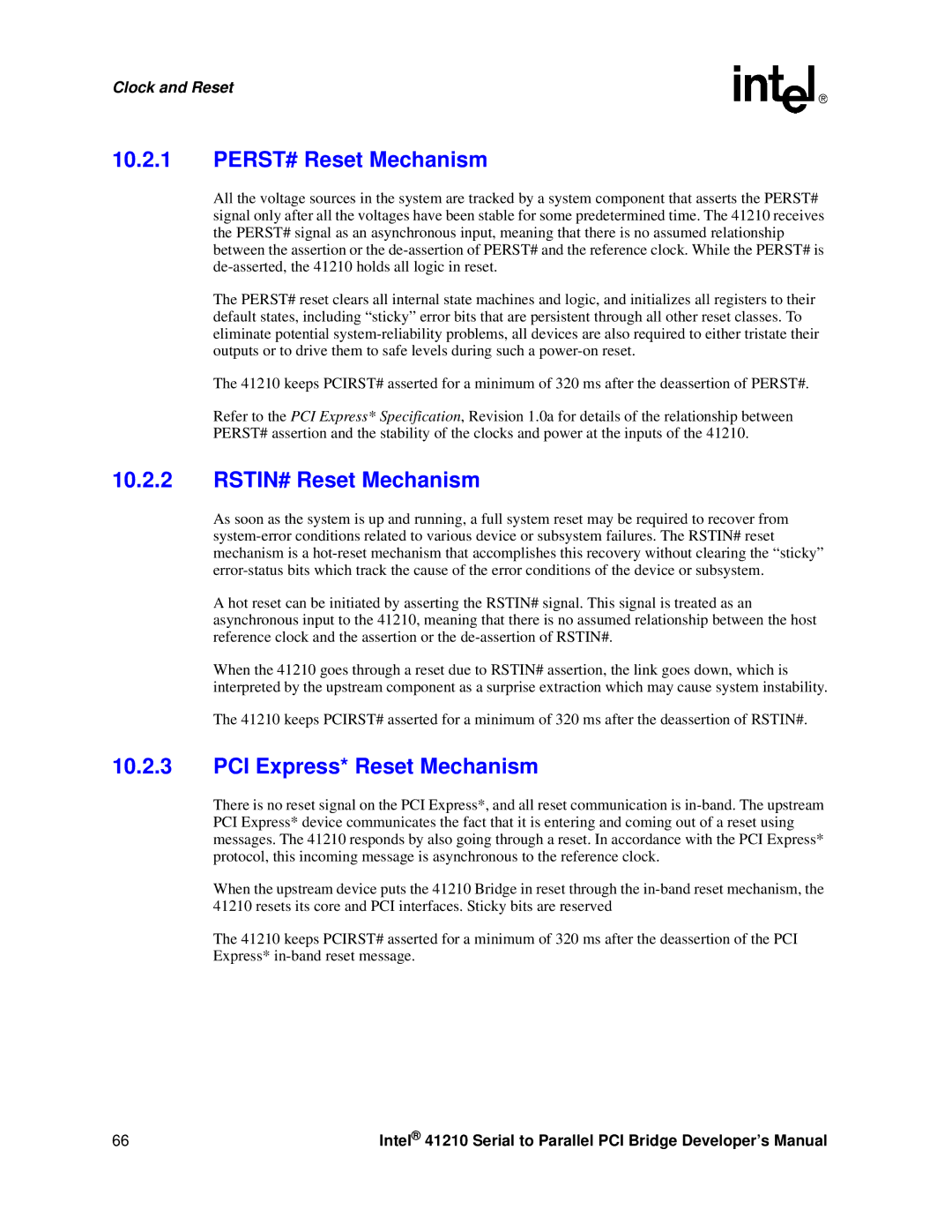 Intel 41210 manual PERST# Reset Mechanism, RSTIN# Reset Mechanism, PCI Express* Reset Mechanism 